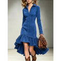 Women's Suede Shirt Dress with Lapels, Long Sleeves, Button Front, Asymmetrical Hem and Ruffle Detail, Midi Length