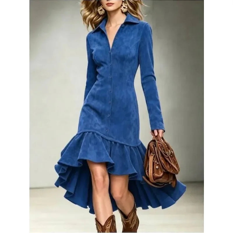 Abito camicia da donna effetto scamosciato con orlo asimmetrico