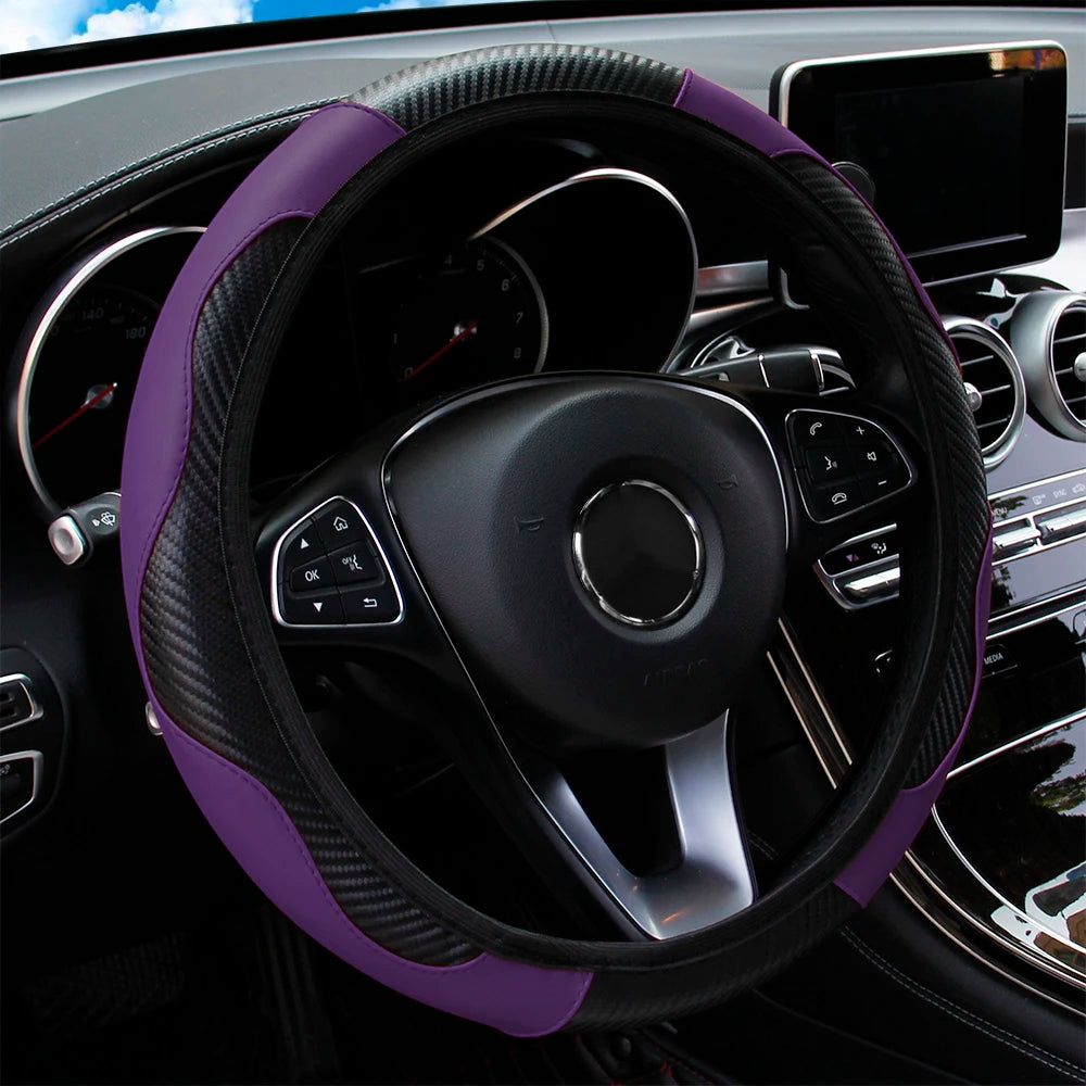 PU Carbon Fiber Leather Steering Wheel Cover Without Inner Ring, Suitable for 14.5–15-Inch Steering Wheels