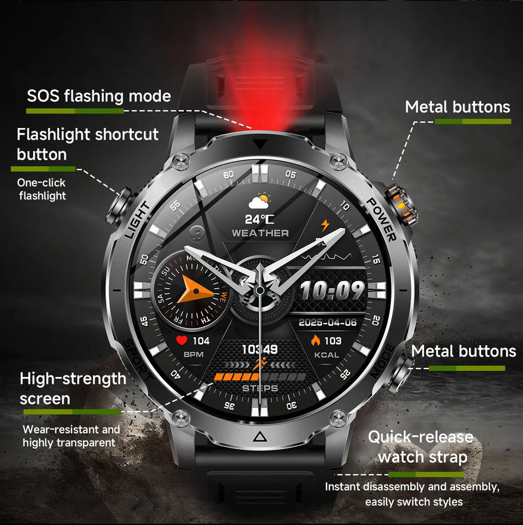2026 New Outdoors Military 1400mAh Battery Smart Watch Men IP69K Waterproof LED Flashlight Heart Rate Sports Tracker Smartwatchs