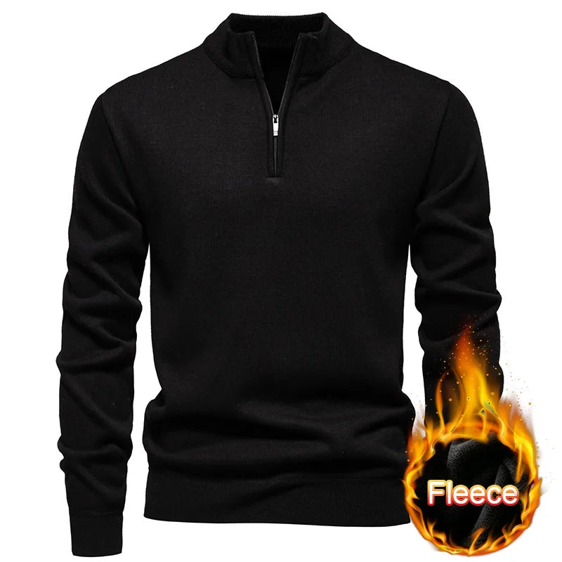 Autumn Men's Fleece Sweater Half Zipper Mock Neck Windproof Knitted Pullovers Thicken Warm Solid Color Casual Knitwear