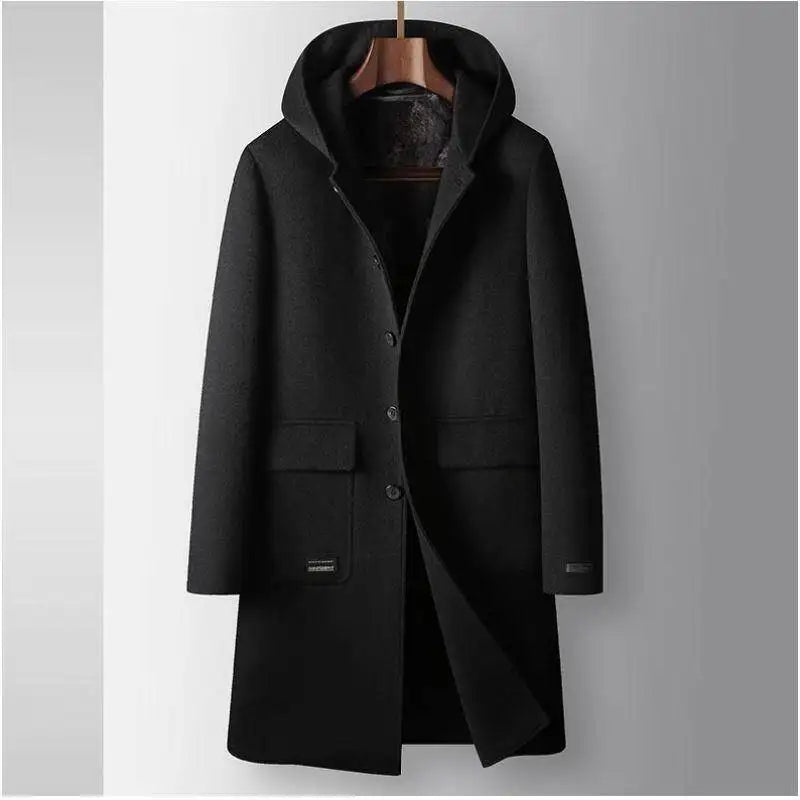 2024 Winter New Men's Hoodie Medium Long Woolen Coat Rabbit Plush Thick Warm Casual Coat High end Fabric 100% Pure Wool