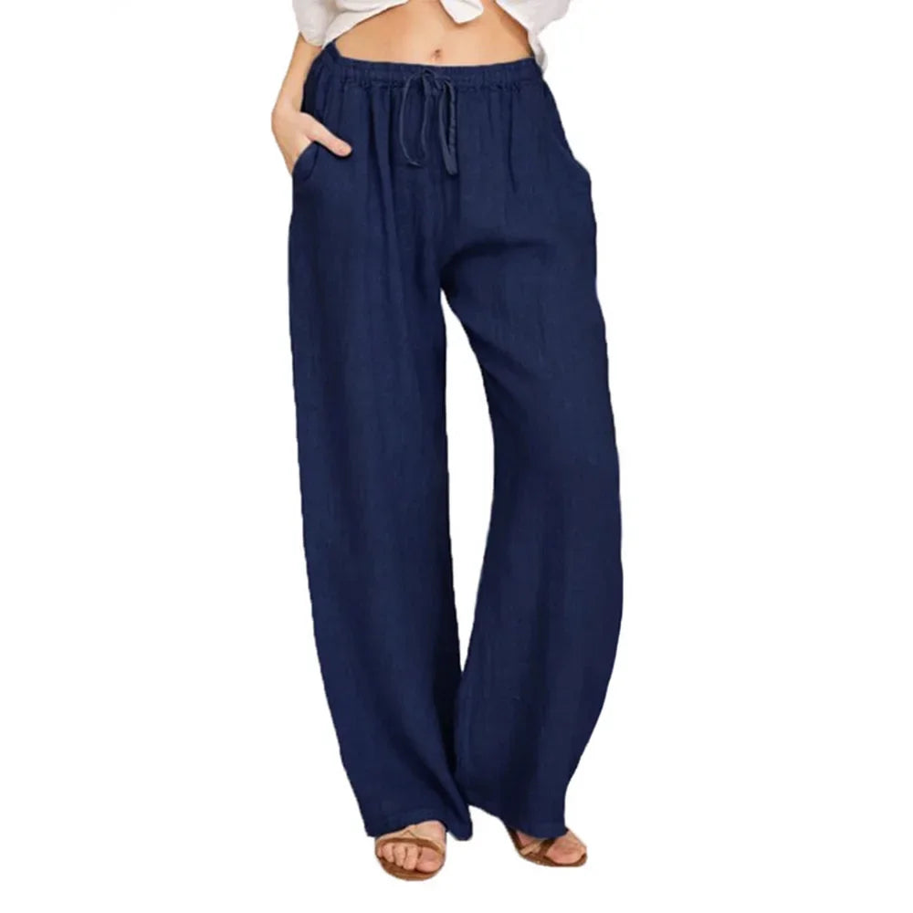 Summer Autumn Women Fashion Cotton Linen Pants Elastic Waist Loose Straight Pants Female Casual Solid Color Versatile Trousers