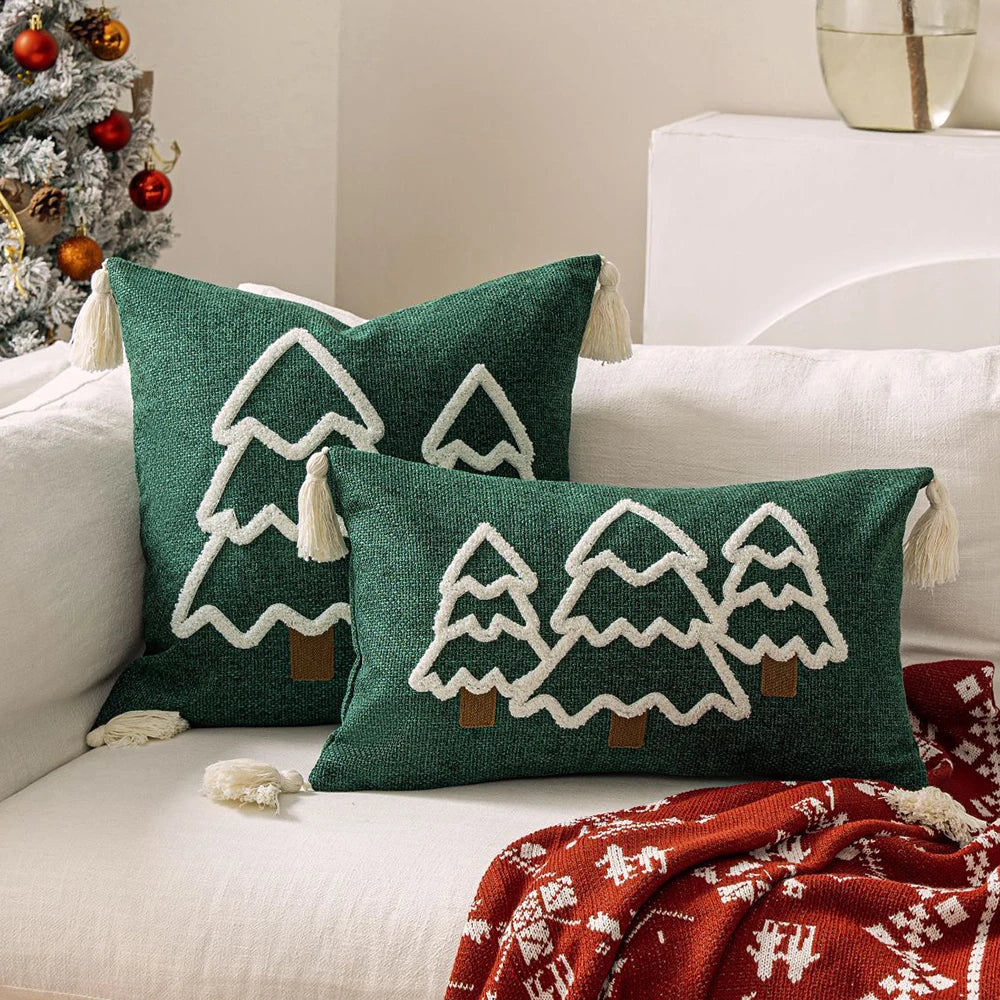 Battilo Weihnachts-Kissenbezug mit Quasten, dekorativer grüner Kissenbezug mit Tufting für Sofa, Bett und Wohnaccessoires