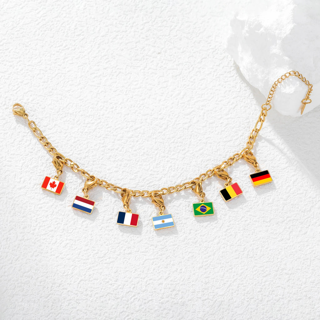 Country Flag Lobster Clasp Charms Pendant Bracelet Stainless Steel Italy France Brazil Spain Flags Jewelry Travel Souvenir Gift