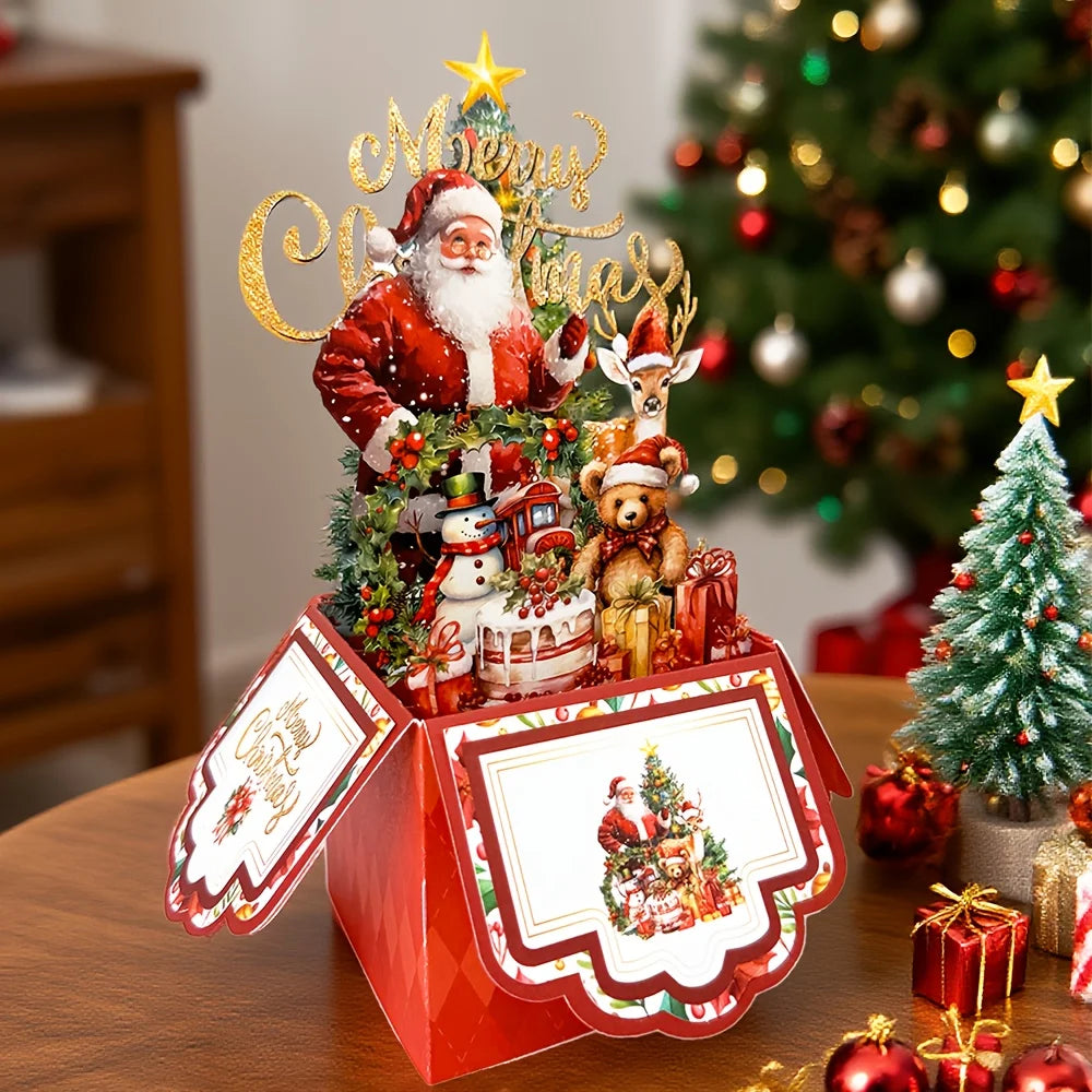 Tarjetas de felicitación de árbol de Navidad Papá Noel Reno Fiesta de Navidad Tarjeta desplegable Postal 3D con sobre Suministros de decoración navideña 1 unidad