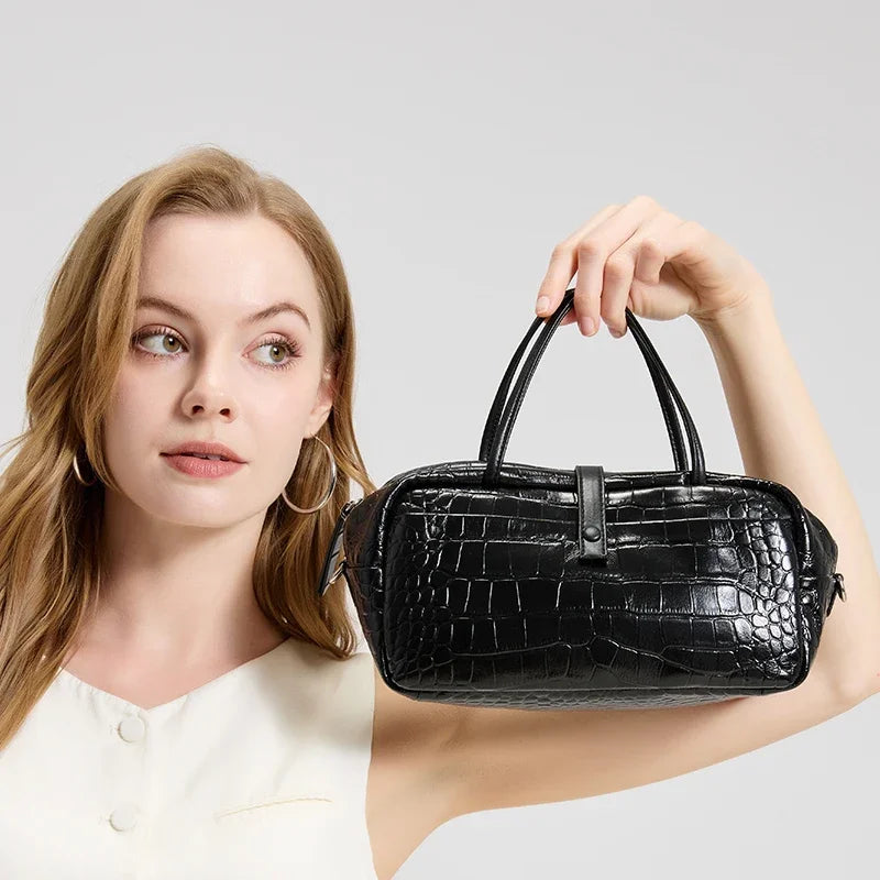 Women's Genuine Cowhide Leather Shoulder Bag Elegant Work Travel Luxury Designers Top Handle Sling Bag Adjustable Strap Refined