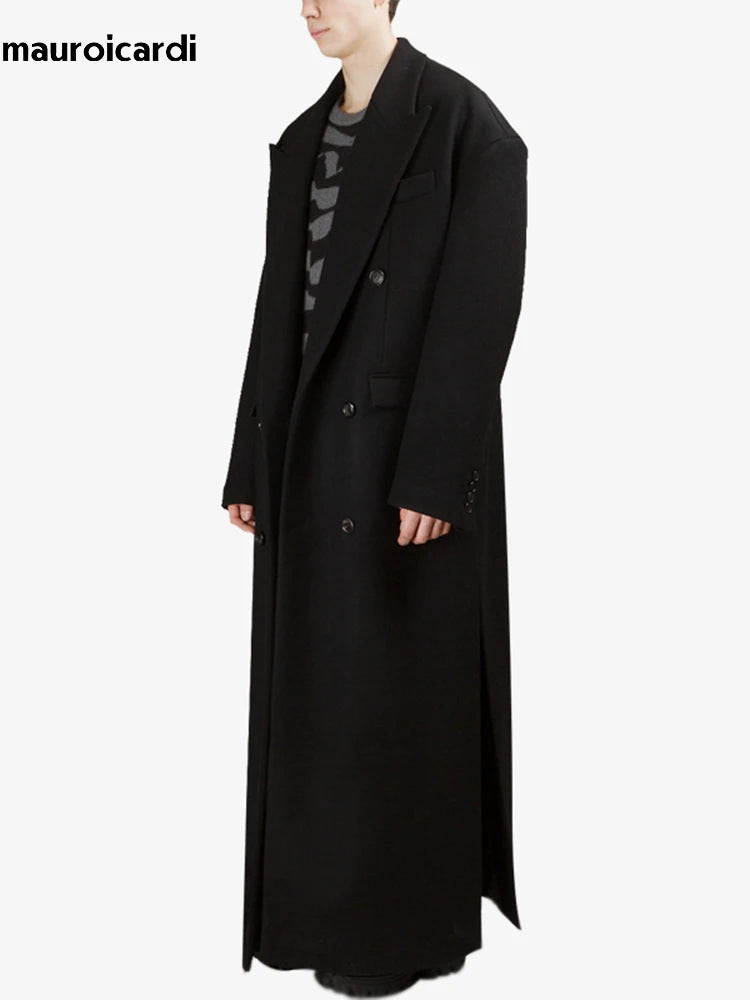 Mauroicardi Autumn Winter Extra Long Black Oversized Thick Warm Soft Wool & Blends Coat Men Double Breasted Korean Fashion 2023