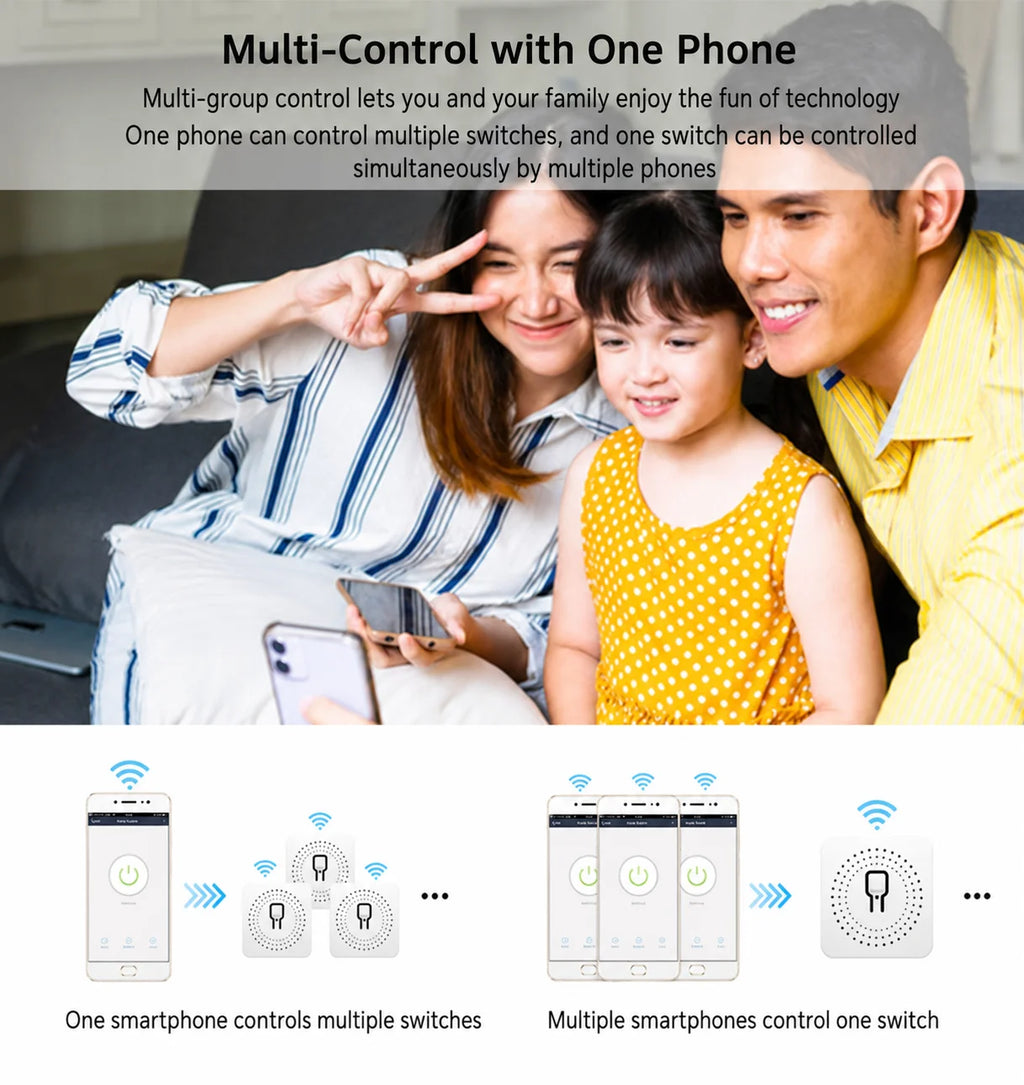 Interruptor inteligente mini WiFi Tuya con control remoto mediante app, control por voz y uso compartido multiusuario para hogares inteligentes