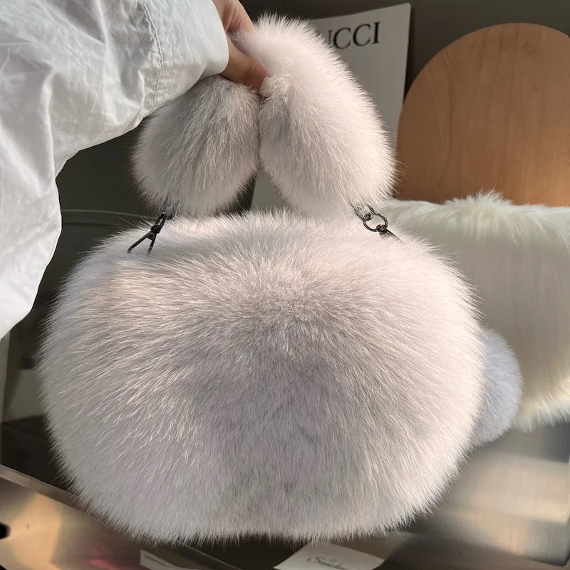 Real Fox Fur Small Square Bag Fashion Soft Plush Handbag Luxury Crossbody Shoulder Bag Fuzzy Fluffy Tote Bag For Women Purse