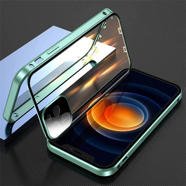 360 Full Protection Metal Magnetic Double Sided Glass Snap Lock Case For iPhone 18 17 16 15 14 13 Pro Max Lens Protection Cover
