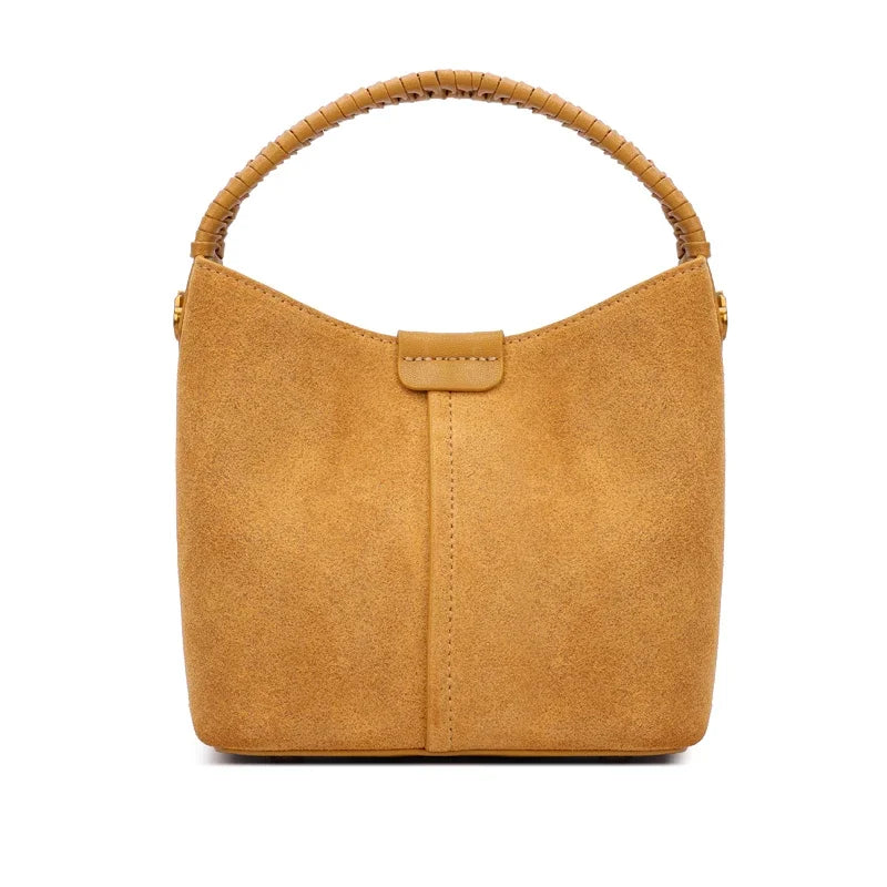 Luxury Designer Genuine Suede Cowhide Women Bucket Handbag Braided Woven Top Handle Real Leather Hobo Bag Ladies Shoulder Purse