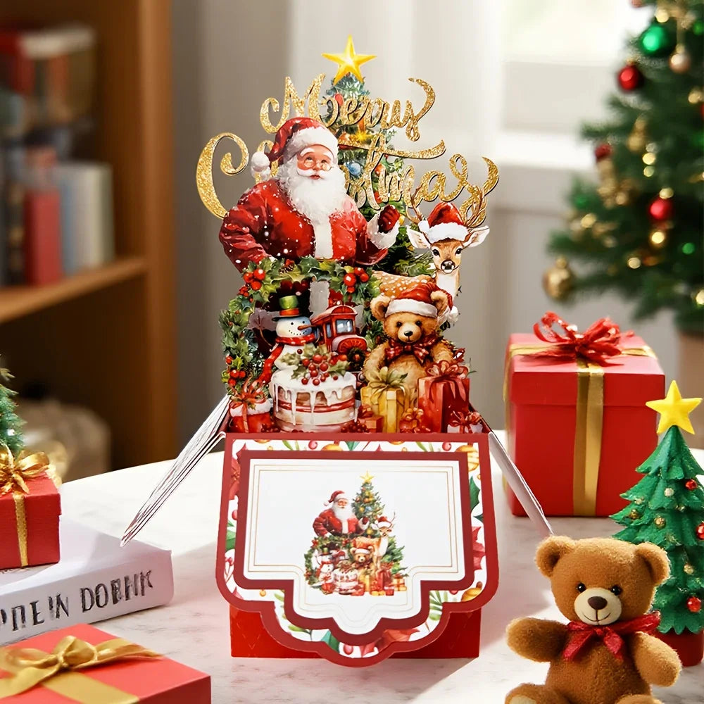 Tarjetas de felicitación de árbol de Navidad Papá Noel Reno Fiesta de Navidad Tarjeta desplegable Postal 3D con sobre Suministros de decoración navideña 1 unidad