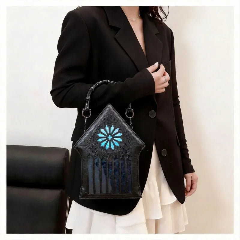 Gothic Cathedral Rose Window Handbag PU Leather Crossbody Bag Bamboo Handle Detachable Strap for Punk Lolita & Halloween Cosplay