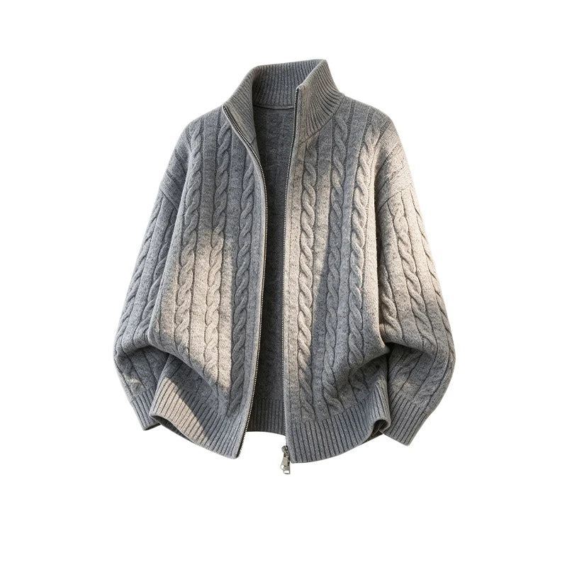 Autumn Fashion Sweatercoat for Men Mock Neck Old Money Jacquard Zipper Cardigan Solid Color Simple Style Knittedwear