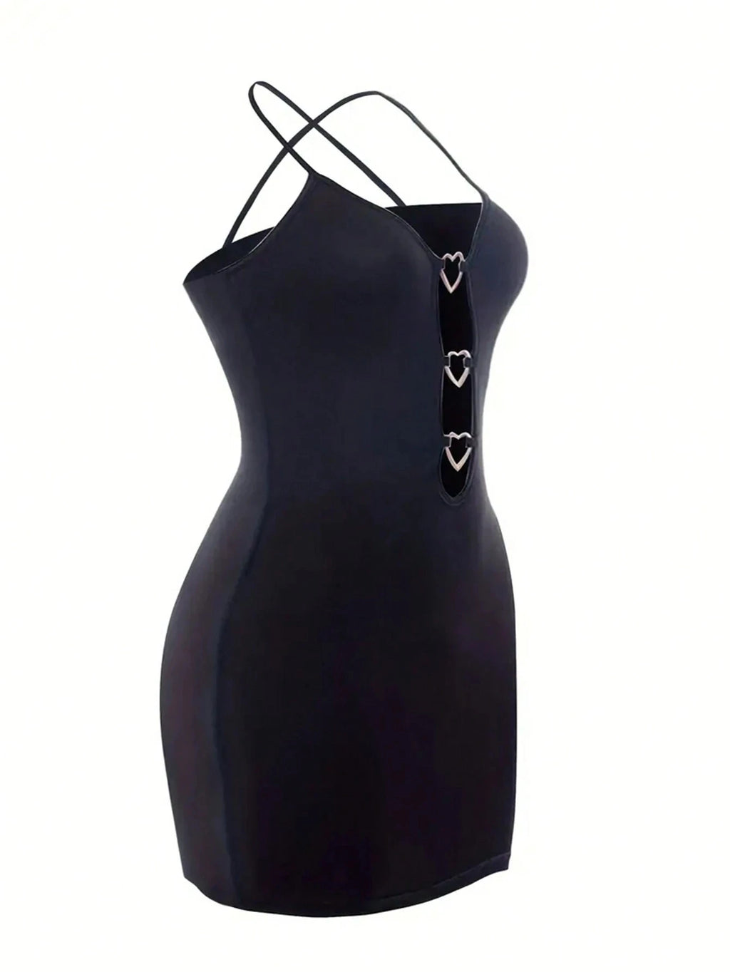 Abito mini nero da donna con spalline sottili e inserti traforati