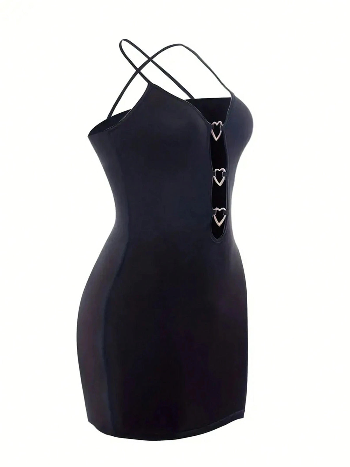 Abito mini nero da donna con spalline sottili e inserti traforati
