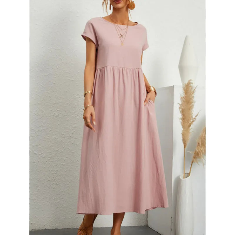 Abito midi da donna in cotone con scollo rotondo e linea morbida