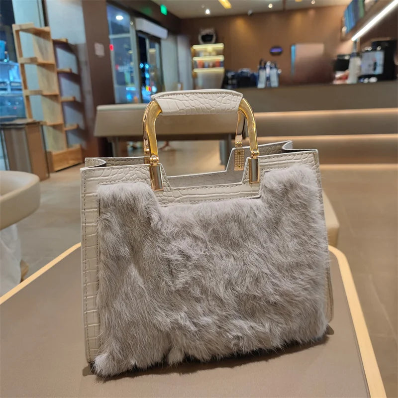 Genuine Leather Women's Handbag Luxury Fashion Real Rabbit Hair Single Shoulder Messenger Bag Large Capacity Portable Tote Bags