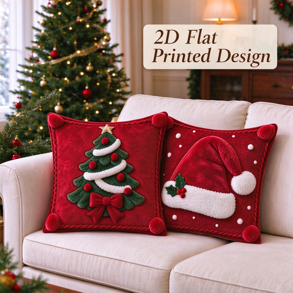 2D-bedruckter Weihnachtskissenbezug, Kissenhülle mit Weihnachtsmannmütze und Weihnachtsbaum, 45 x 45 cm, Polyester, Dekokissen für Sofa und Festtage
