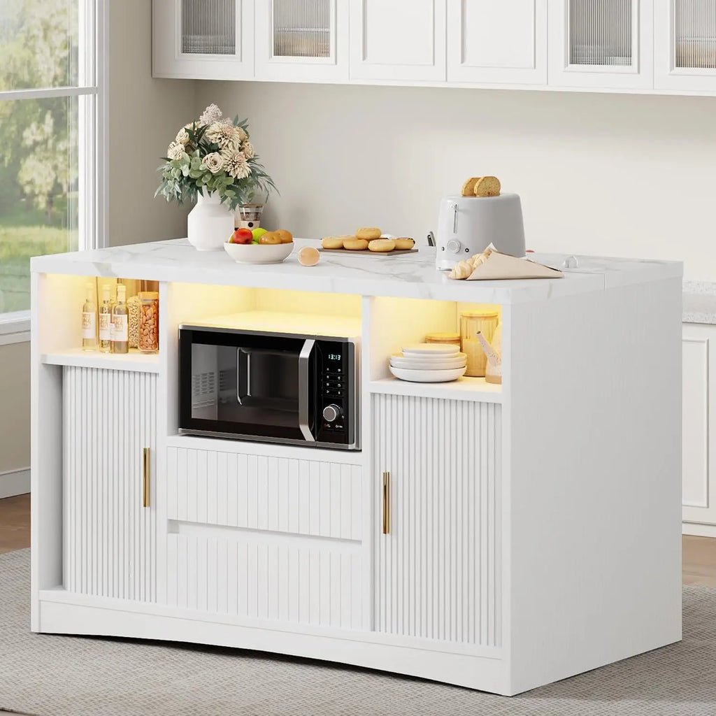 Kitchen Island Storage & Power Outlet, Kitchen Island Table with Drawers & Shelves, Dining & Prep Station, Customized