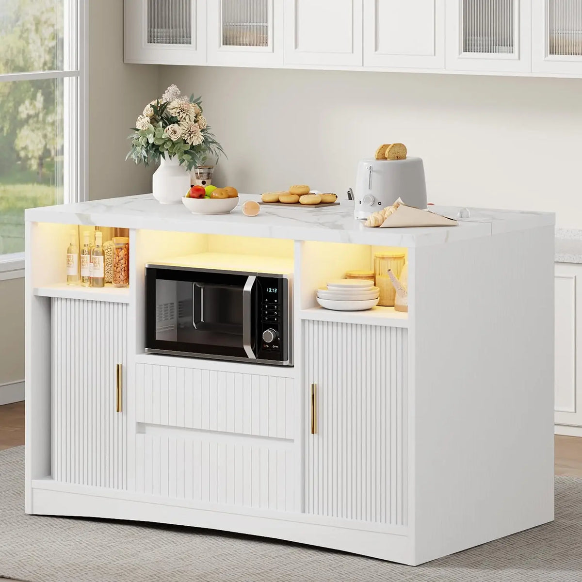 Kitchen Island Storage & Power Outlet, Kitchen Island Table with Drawers & Shelves, Dining & Prep Station, Customized