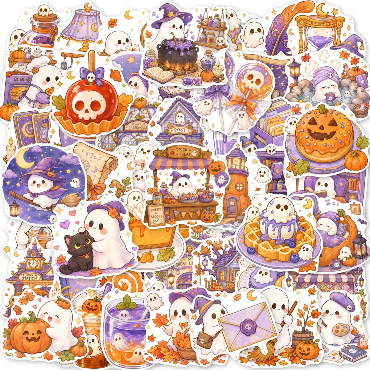50Pcs Healing Pastel Halloween Stickers Cute Ghost Pumpkin Dessert Waterproof Vinyl Decals for Journal Laptop Phone Gift