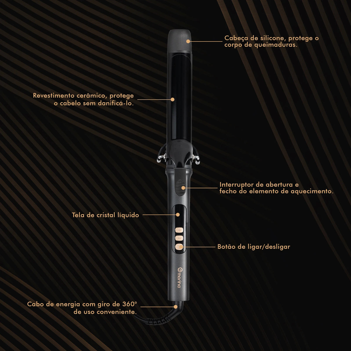 Lockenstab 32 mm mit LCD-Anzeige, Schwarz und Gold, 5 Temperaturen (140 °C–220 °C), Keramikbeschichtung, Bivolt 110–220 V