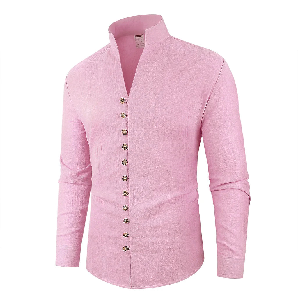 Spring Aututmn Men's Shirt Single Breasted Stylish Henley Neck Cotton Linen Casual Button Tops Simple Style Male Cozy Top