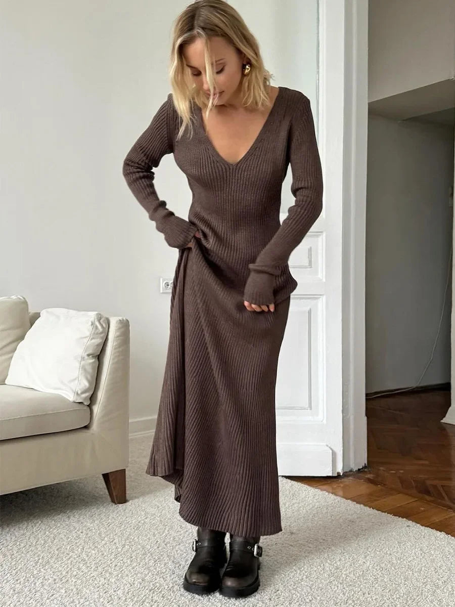 Wolfeel New Women Solid Color Long Sleeve V neck Slim Bodycon Knitted Maxi Dress Trendy Elegant Fashion Dresses  Autumn Winter
