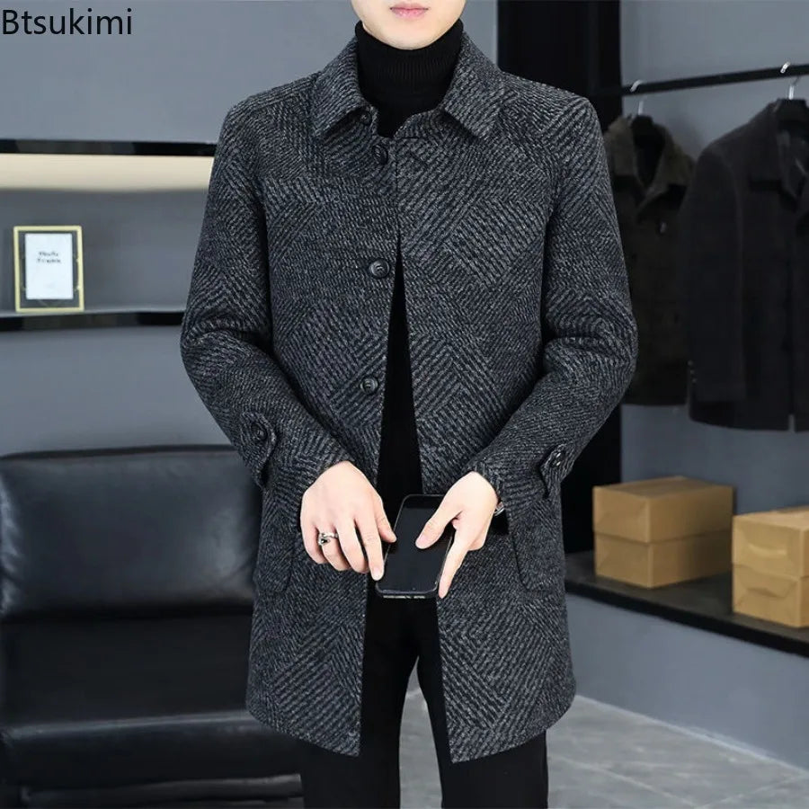 2026 New Men's Fashion Lapel Slim Single Breasted Trench Coats Mid-Length Double Side Woolen Overcoats Autumn Winter Men Clothes