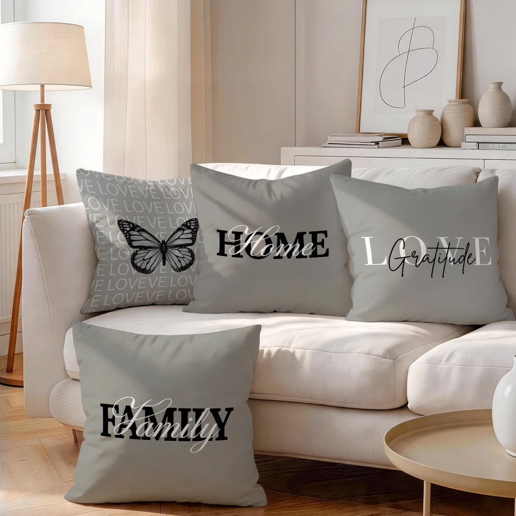 Housse de coussin décorative en polyester avec texte imprimé pour canapé, style maison chaleureuse et simple, 40/45/50 cm