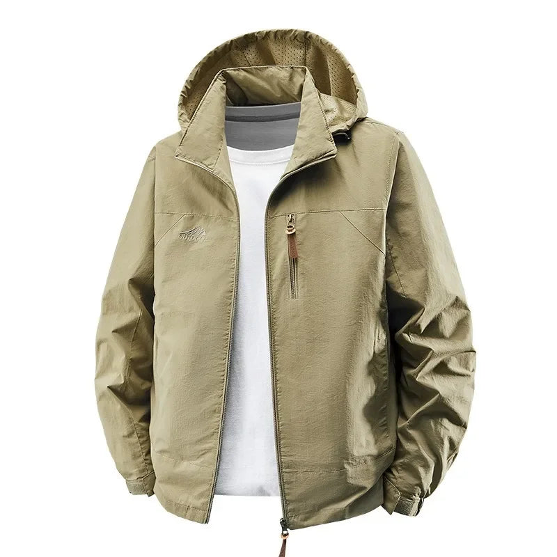 Spring Autumn Outdoor Jacket for Men Hooded Windbreak Waterproof Zipper Slim Fit Camping Hiking Climbing Breathable Outwear
