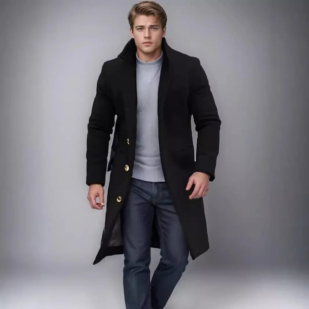 Elegant Men's Casual Windbreaker Coat for Autumn and Winter, Solid Color Button, Long-sleeved, Mid-to-long Style Coat S-XXXL