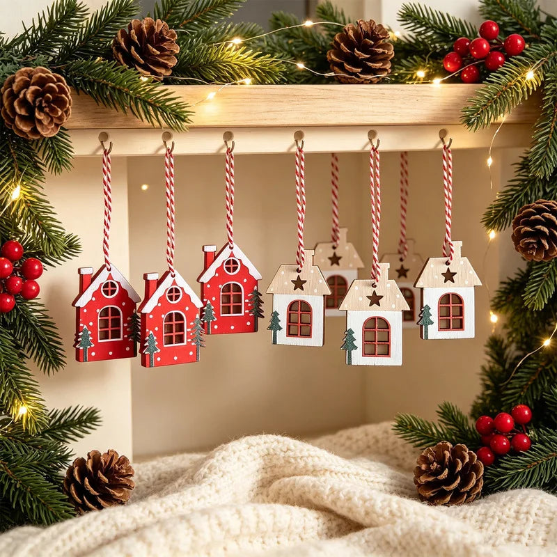 8Pcs Mini Christmas Wooden House Ornaments Red White Xmas Tree Hanging Pendants Decorations for Home Holiday Party Decor Gift