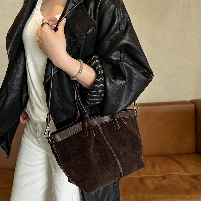 Suede Bags Women Handbag Genuine Leather 2026 Luxury Designer Shoulder Bag Lady First Layer Cowhide Casual Tote Handbags Women