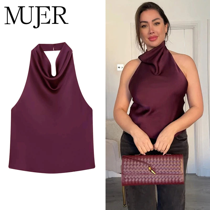 Top satinato da donna con scollo all'americana