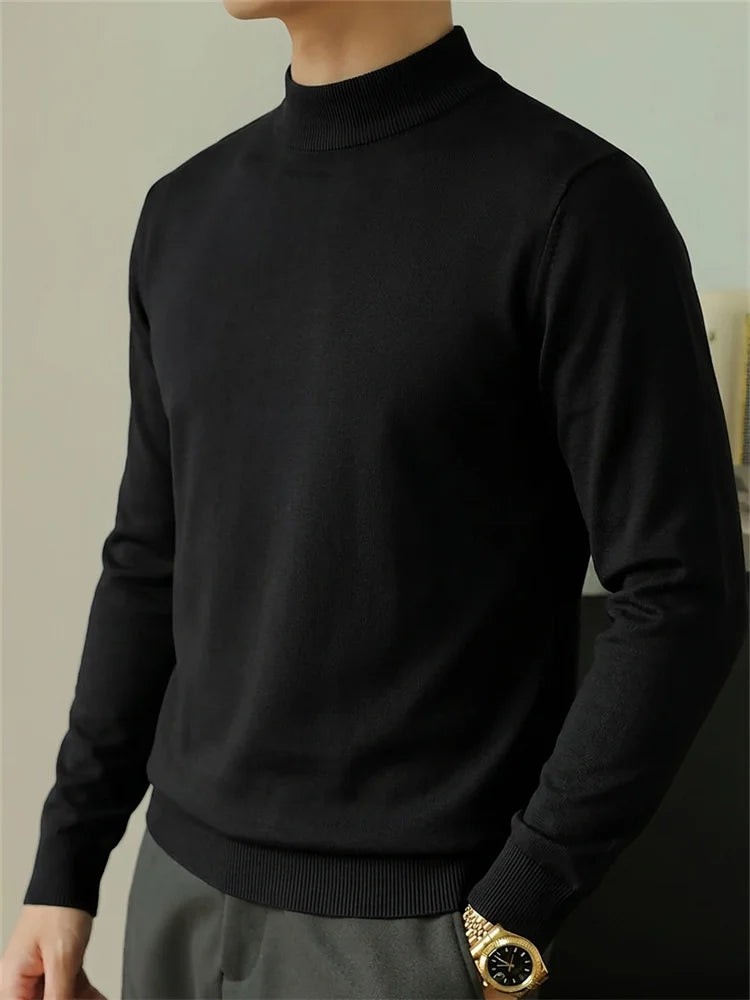 Autumn Men's Sweater Slim Fit Long Sleeve Mock Neck Casual Warm Knitwear Solid Color Fashion Simple Style Knitted Pullovers