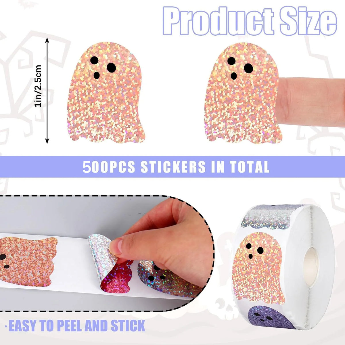 500Pcs Halloween Pholographic Ghost Stickers Rolls 1in Laser Ghost Sparkly Stickers Halloween Party Envelope Scrapbook Decor