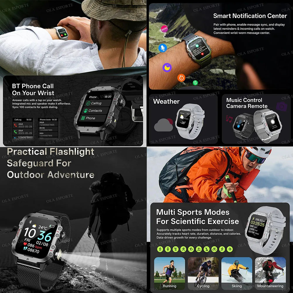 2026 New Military-grade Smart Watch Men GPS Flashlight 3ATM Waterproof Watch Bluetooth Call 100+Sport Outdoor Smartwatch Pk HT30