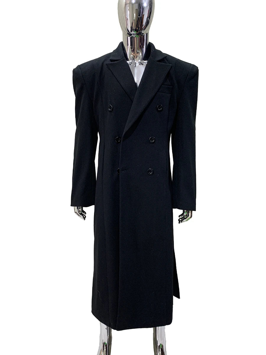 Autumn Winter Long Warm Thick Fitted Black Wool Blends Coat Men with Double Side Slit Shoulder Pads Luxury Woolen Overcoat 2025