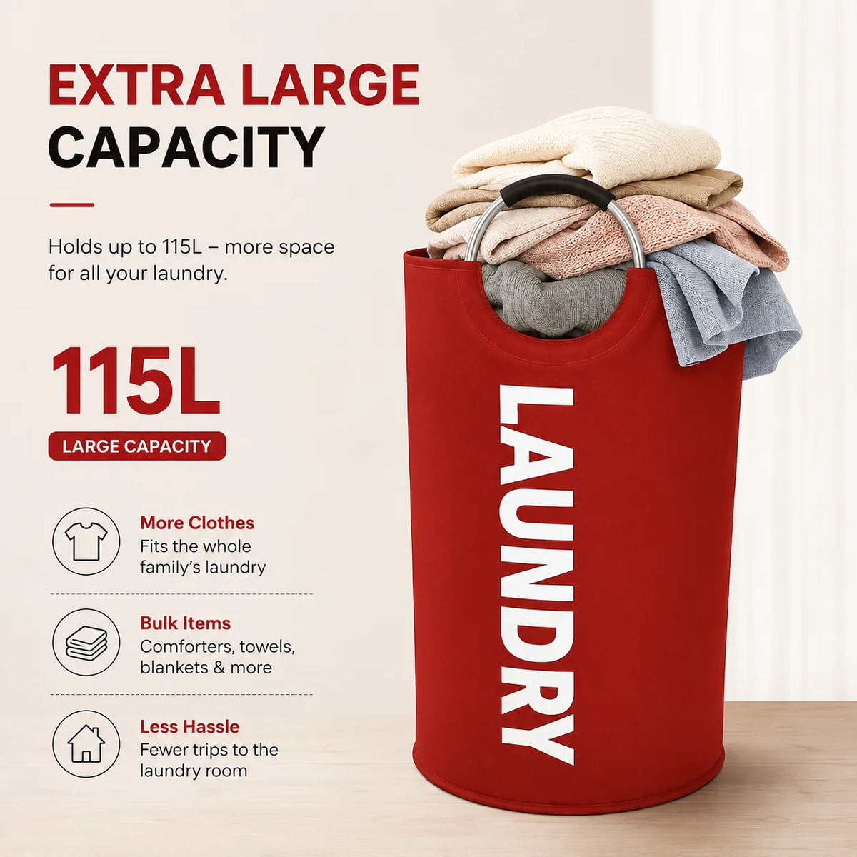 Lot de 2 paniers à linge extra larges de 115 L, paniers pliables avec poignées souples rembourrées, sacs à linge pliables autoportants pour le rangement des vêtements, chambre, salle de bain, dortoir et buanderie