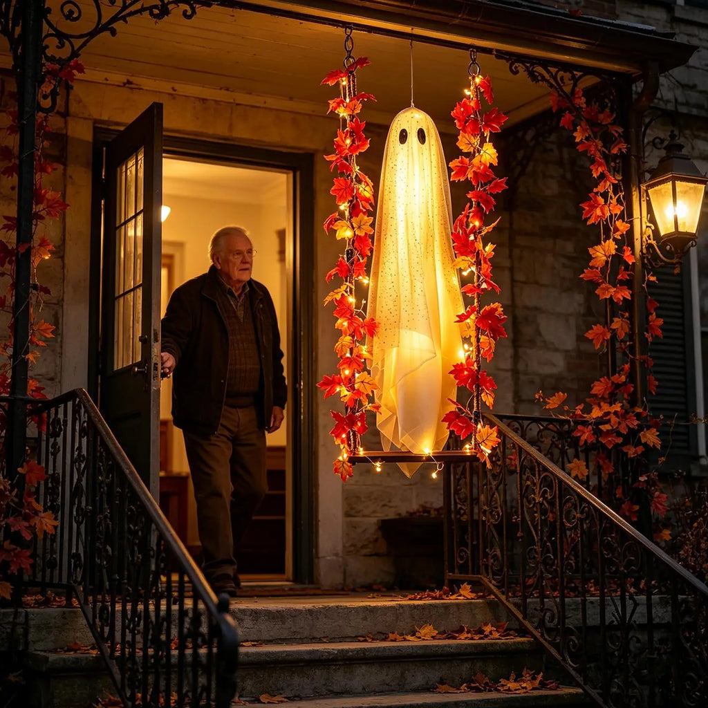 Leuchtende schaukelnde Geister-Dekoration für die Halloween-Veranda, hängende Geister-Schaukel-Dekoration mit beleuchtetem Hexenhut für den Garten
