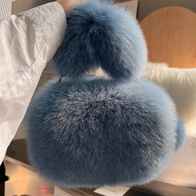 Real Fox Fur Small Square Bag Fashion Soft Plush Handbag Luxury Crossbody Shoulder Bag Fuzzy Fluffy Tote Bag For Women Purse