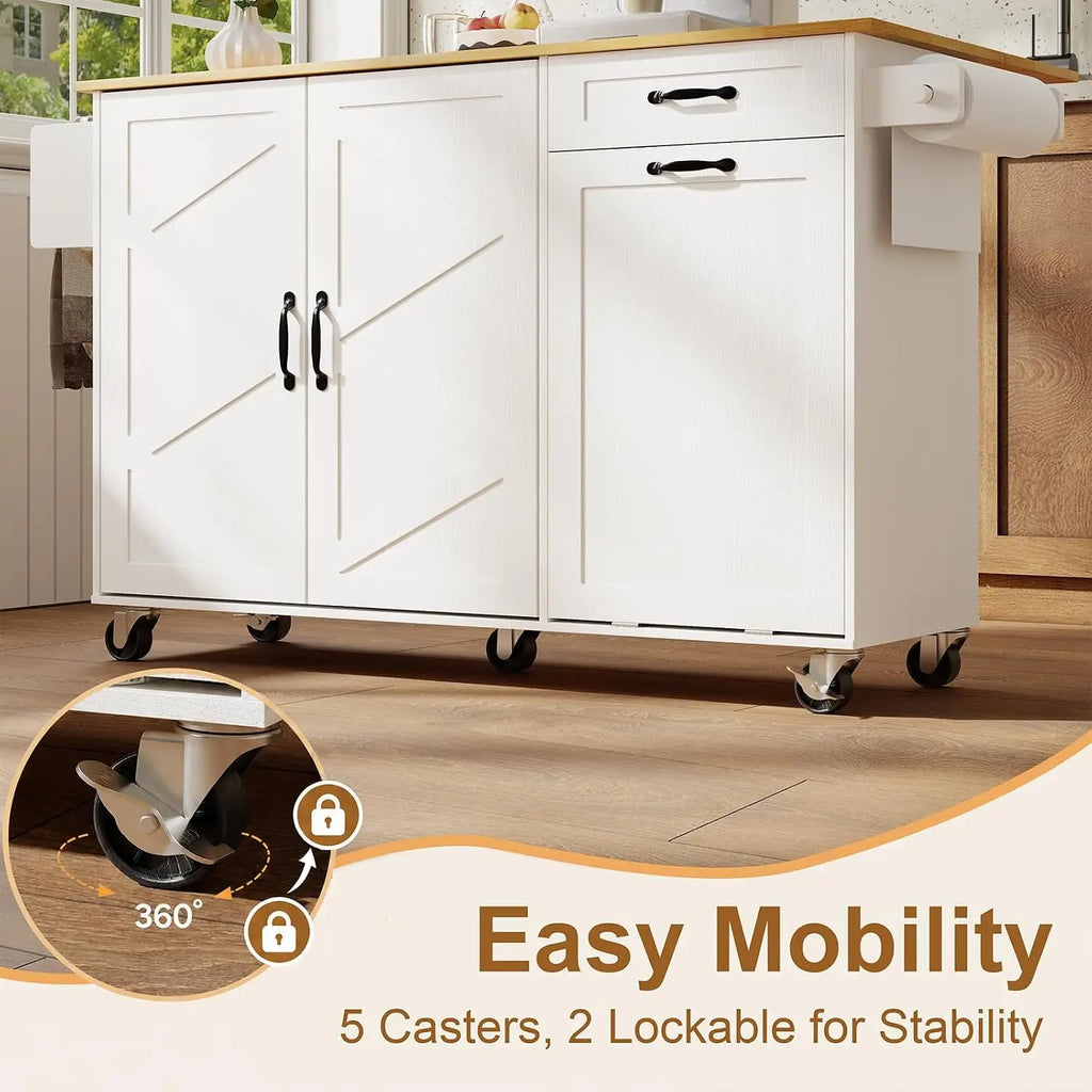 Kitchen Island Cart with Storage & Trash Bin, Mobile Kitchen Trolley on Wheels, Customized