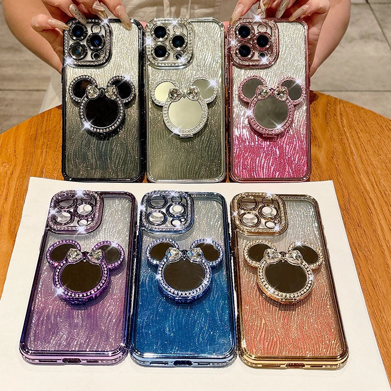 Luxury Glitter Cute Mirror Case For iPhone 18 ProMax 17 Air 16 15 Plus 14 Pro 13 12 Pro Max Rotation Bracket Half Wrapped Cover