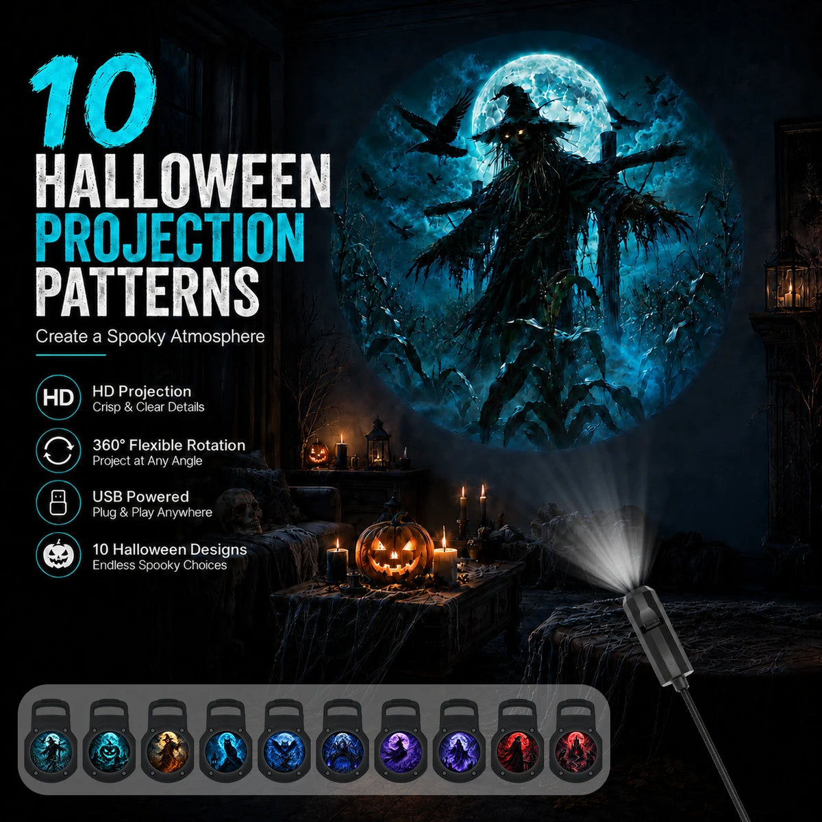 Luz nocturna ambiental de proyección con 10 patrones temáticos de Halloween