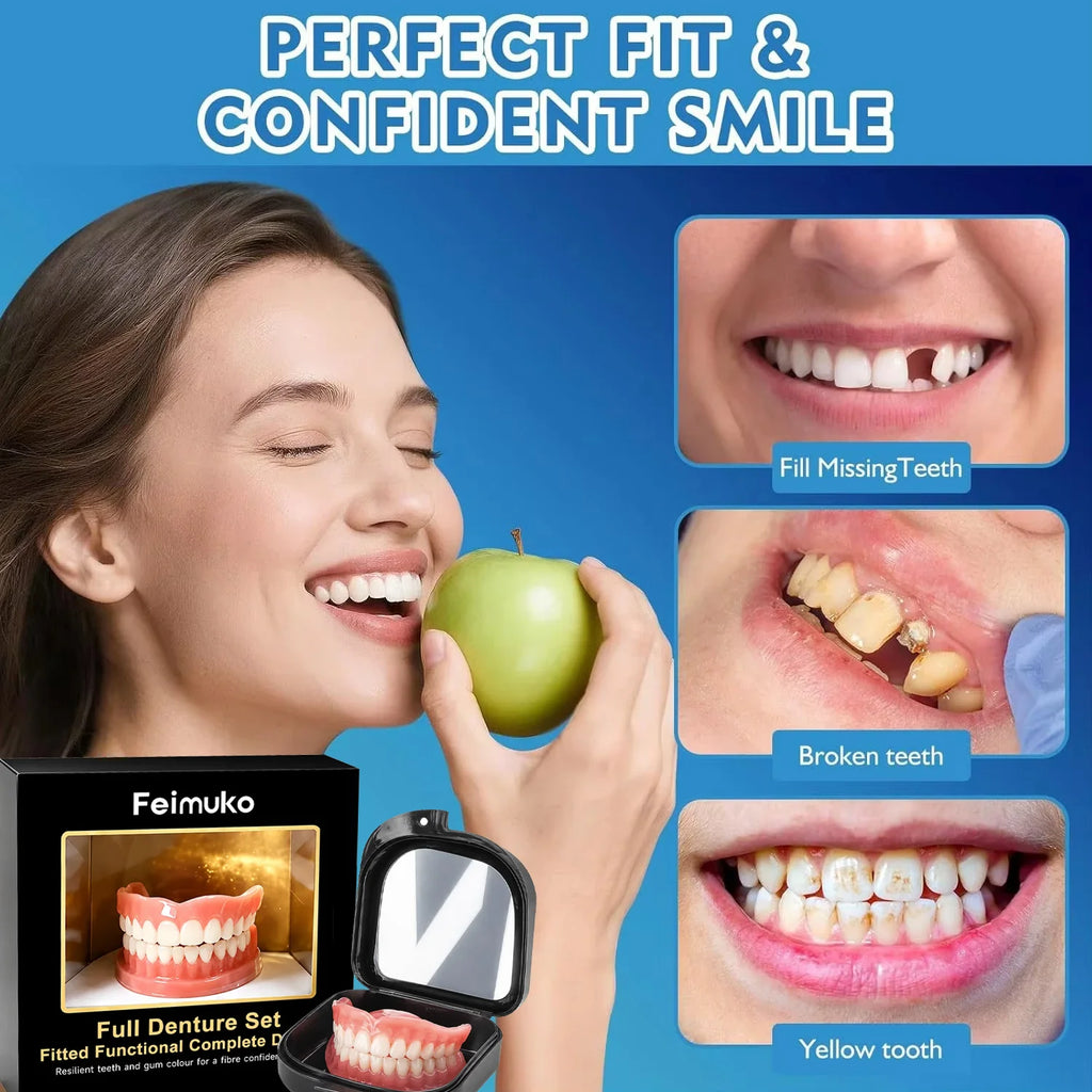 Prothèse dentaire complète, ajustement confortable pour un sourire naturel, confiance instantanée, soins bucco-dentaires esthétiques