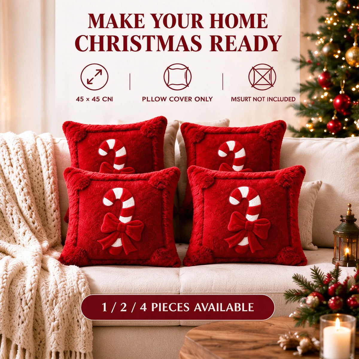 Housse de coussin décoratif de Noël Sucre d'orge, Housse de coussin de Noël rouge aspect peluche en fausse fourrure, Nœud Décoration d'intérieur pour canapé de fêtes hivernales