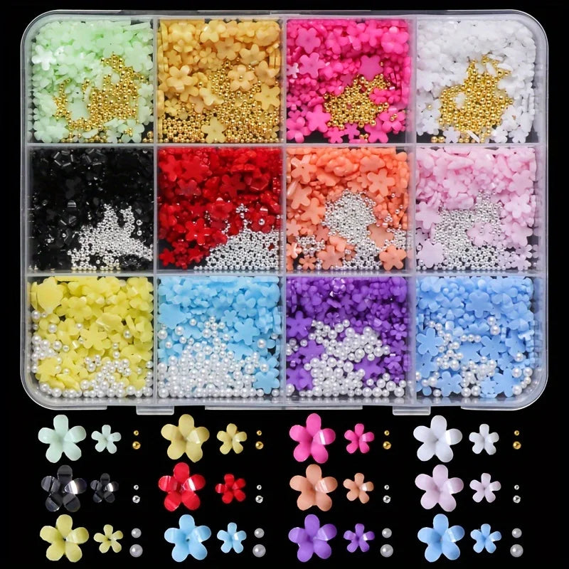 1500 Stück/Box Set mit floralen Nail-Art-Charms, Y2K-Stil, hochwertige farbenfrohe 3D-Blumen-Nagelanhänger aus Kunstharz